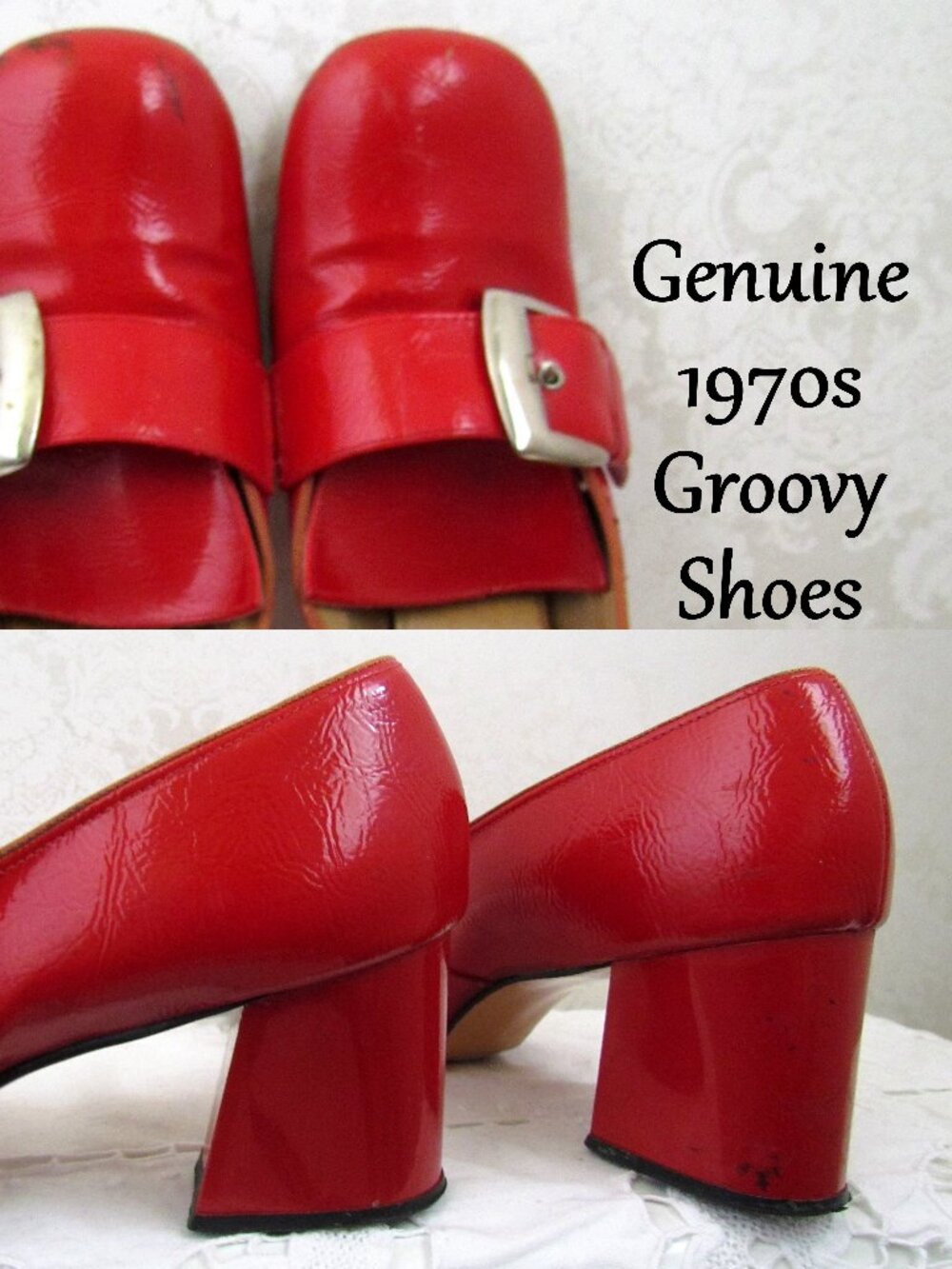 RED SHOES, 1970s VINTAGE WILD PATENT HEELS, SILVER BUCKLES, SQUARED TOES, GROOVY